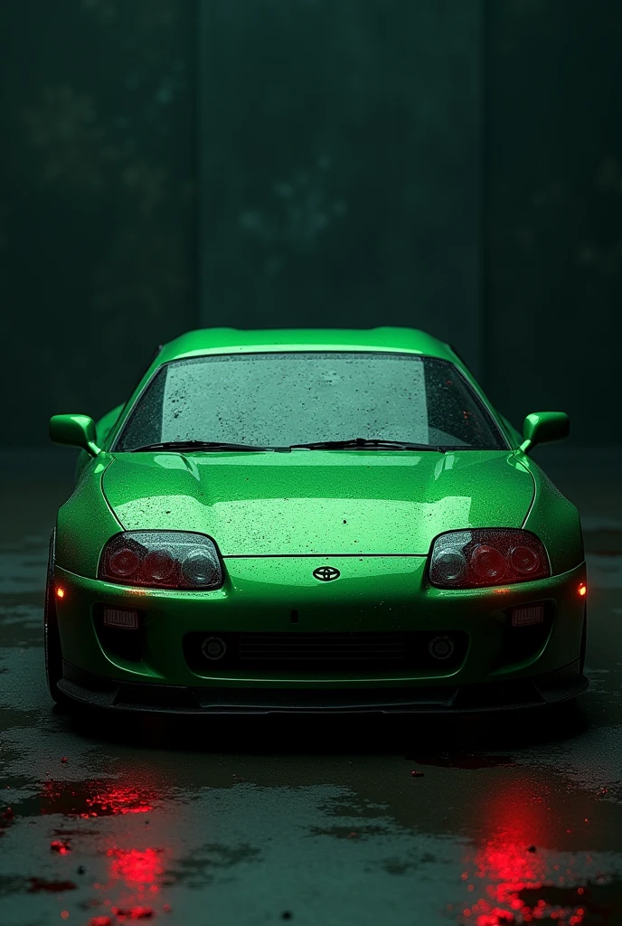 Toyota supra mk4 1993 model in green color and blood on front lights with dark background hot