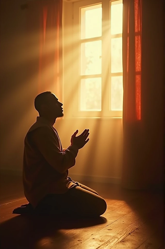 Ordinary man praying on his knees in his room with heavenly angels shining by his side