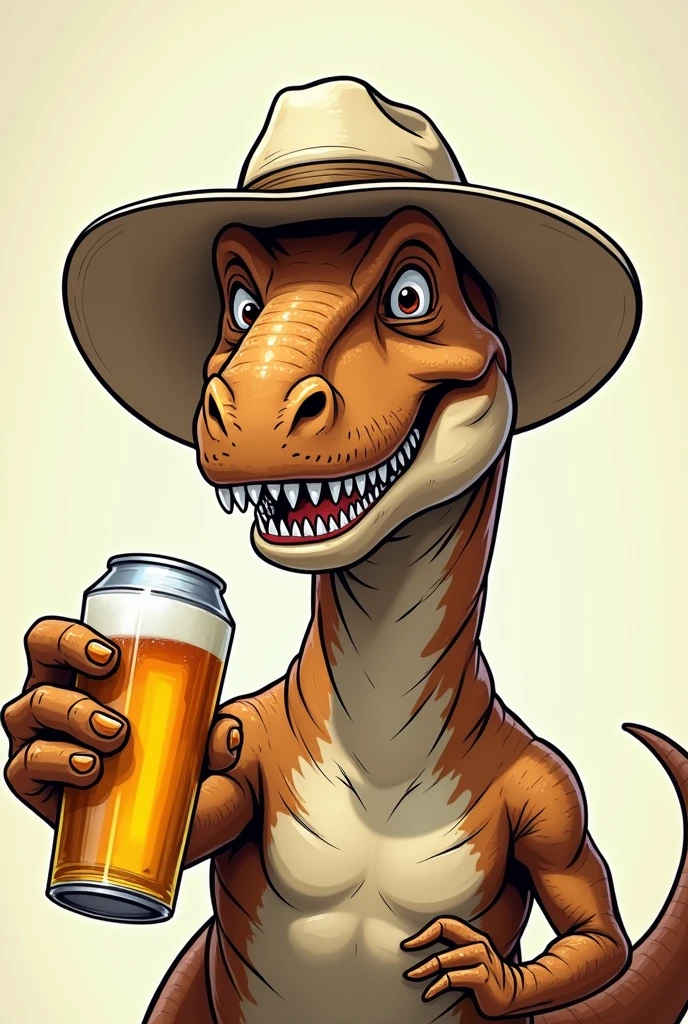 Create a profile picture of a dinosaur, T-Rex, with a white safari hat on his head comic style with beer in his hand close to the camera, like a selfie Further down, that you can see the hat well More good presence