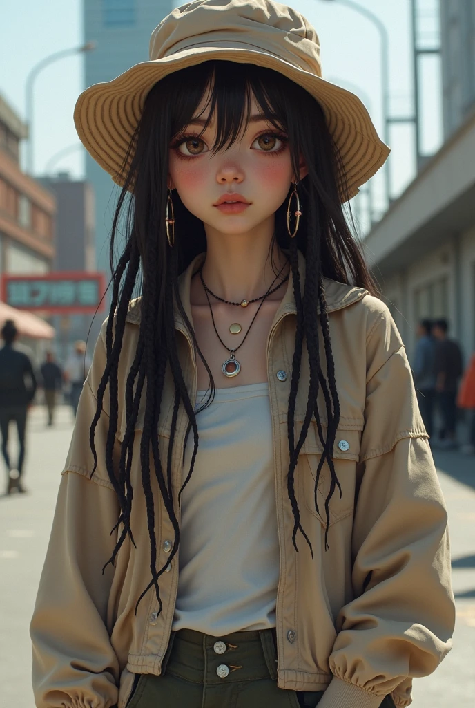 Half-Japanese white girl with a skater style, baggy clothes and dark brown dreads with light brown eyes and a bridge piercing
