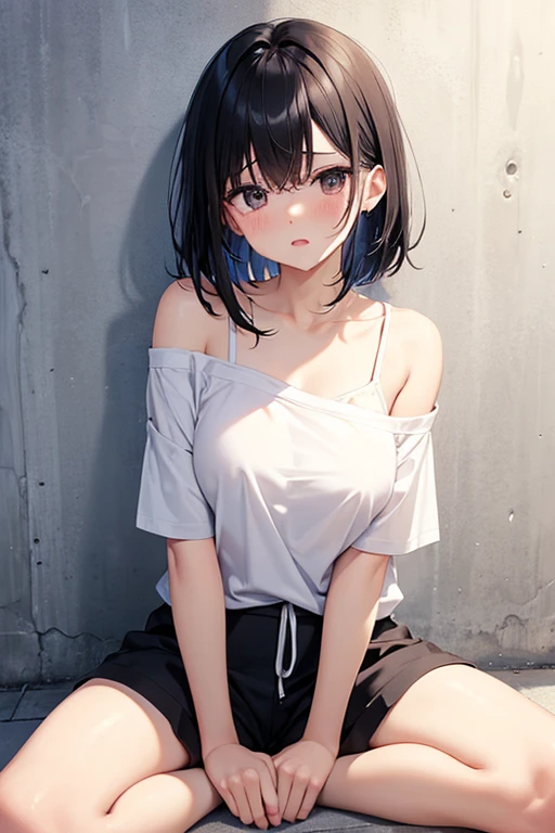 (short cute girl，small young student，young delicate girl）,（masterpiece，Top quality)，Tank top，denim shorts，short sleeve，long black hair，sleepy