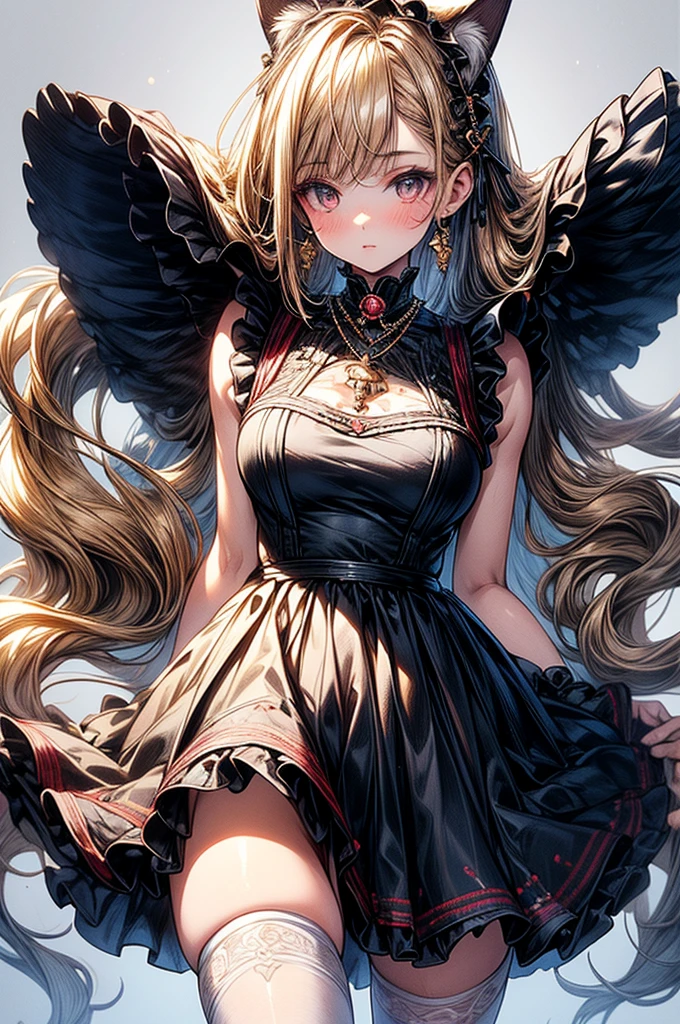 ((highest quality)),(ultra high resolution),(Super detailed),(detailed description),((best CG)),(best work of art),super precision art, great drawing art,(Art with precise details:1.5), (1 woman:1.5), beautiful and well-shaped symmetrical face:1.5,(Beautiful skin with precise and detailed depiction:1.6),(Sleeveless frilly dress, White waist apron),provocative angle:1.6,gorgeous, masterpiece, best quality, high-resolution, finely detailed, extremely detailed and beautiful, distinct-image, 1 girl, solo, Simple Knee length dress, white frilly waist apron, beautiful young age girl, 13 yarly white skin, Blonde braided ponytail hair, adorable and cute facial features, golden-brown colored eyes, sheer white stockings, plump thick lips, modest breasts, slender and slim toned body type, tall height(190cm), small narrow waist, wide curvy hips, plump large round ass, full body picture, cat-ears, cat tail