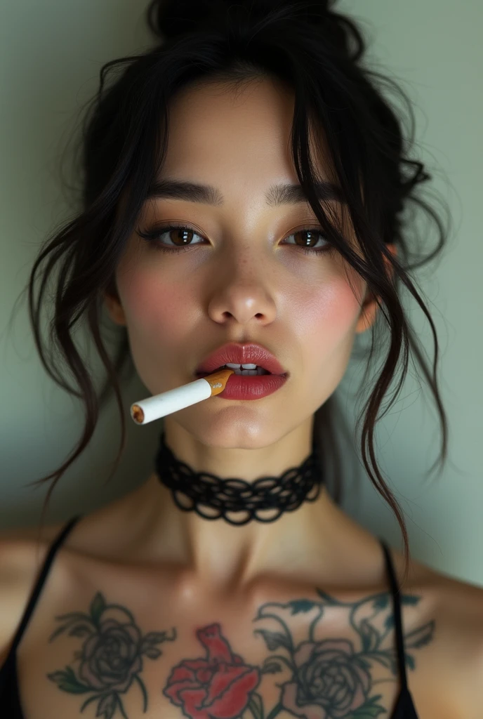 arafed woman with a cigarette in her mouth and a tattoo on her chest, kiko mizuhara, cigarette in mouth, lips on cigarette, by Shinoda Toko, Inspired by Yuko Tatsushima, with a cigarette in its mouth, Wearing a choker, cigarette, Dilraba Dilmurat, Dua Lipa, HeadshotProfile picture, San Yun-ju、Insane smile、