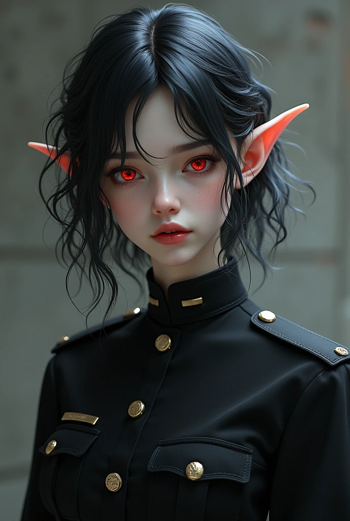 She is a 22 year old girl with elf ears, one small fangs, blood-colored eyes and pupils similar to those of wolves, hair black as night,but with silver locks, short to the neck and wavy. a plain military suit with nothing. medals, only in black, a cold personality, He is a student at the military academy "war and dragons" from the land of the elves