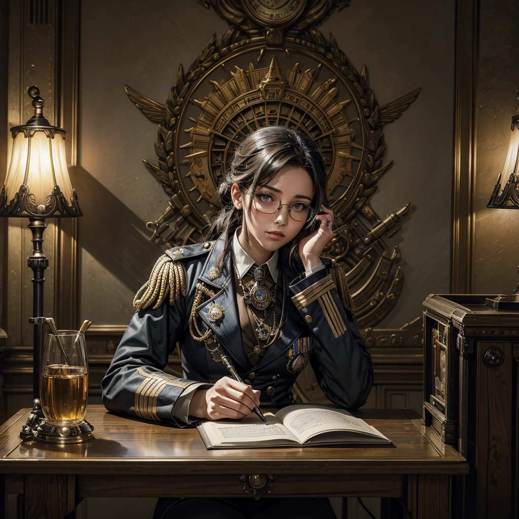 a woman in a futuristic steampunk uniform signing orders sitting on a desk in the office of a military command, the woman has glasses and some military insignia on the uniform, behind her on the wall a flag of the steampunk nation with a painting with the image of the president