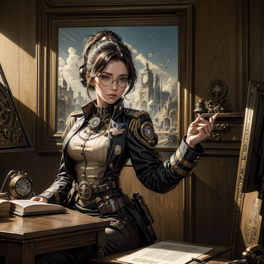 
a woman in a futuristic steampunk uniform signing orders sitting on a desk in the office of a military command, the woman has glasses and some military insignia on the uniform, behind her on the wall a flag of the steampunk nation with a painting with the image of the president