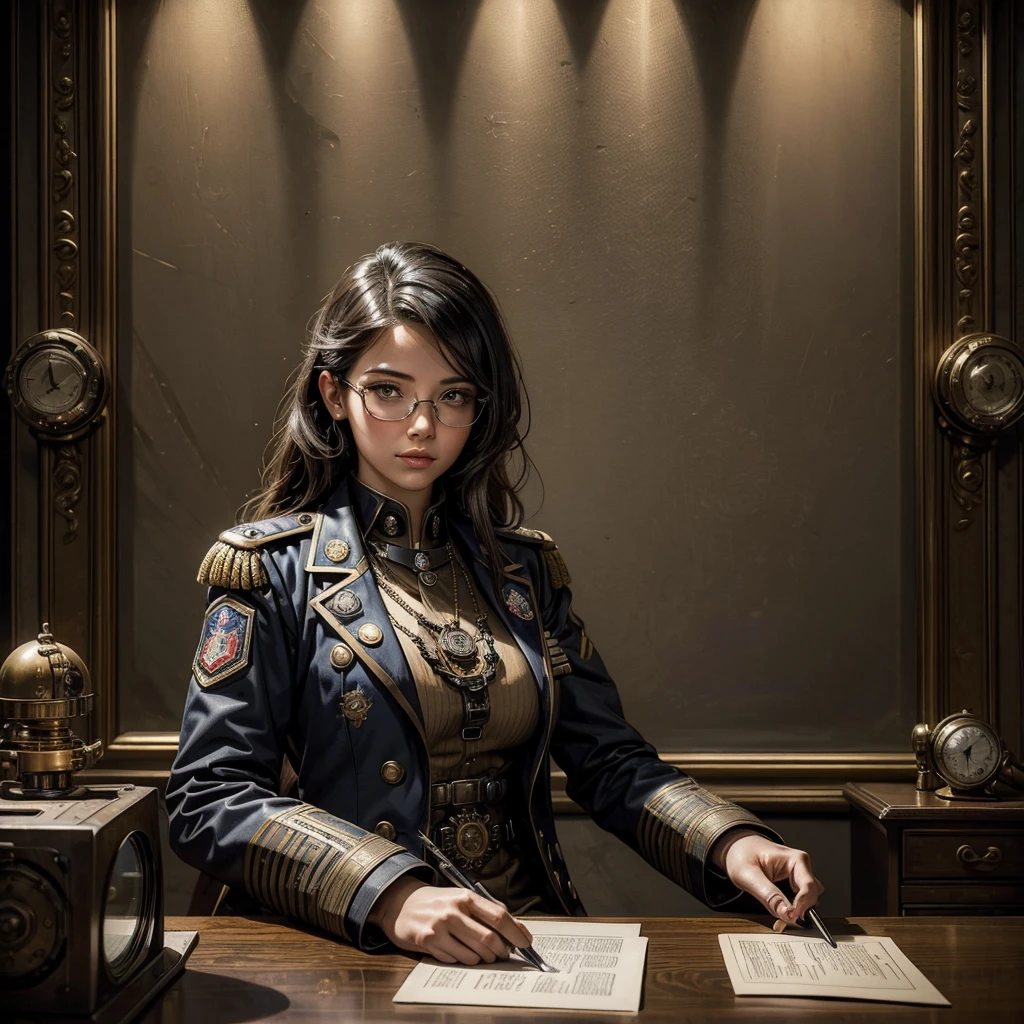 
a woman in a futuristic steampunk uniform signing orders sitting on a desk in the office of a military command, the woman has glasses and some military insignia on the uniform, behind her on the wall a flag of the steampunk nation with a painting with the image of the president
