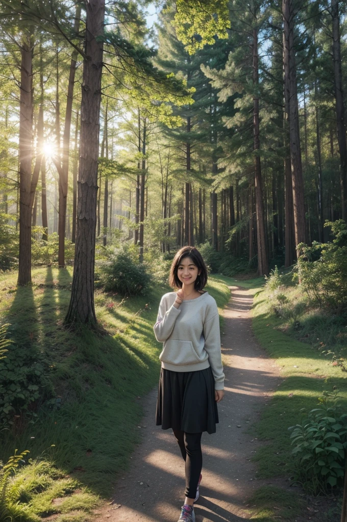"Create a realistic illustration that captures the beginning of a journey of self-discovery and self-esteem improvement. Show a person in a natural environment, like a path in a forest or a trail at dawn. The person should be in a pose that conveys hope and determination., maybe looking forward or taking the first step. Include realistic details like soft lighting, natural textures, and elements like trees, flowers and sunlight to create an inspiring and welcoming environment." the person is happy and confident