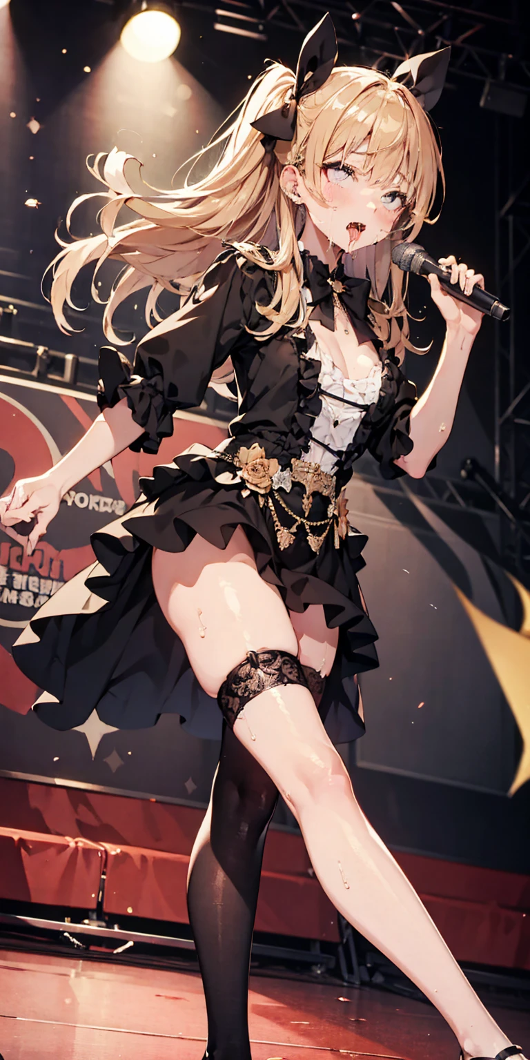 Highest quality、8k、Highest quality、Super beautiful skin、Drooping eyebrows、Saliva、Expose、、Leg spread、on stage、Black Stockings、Idol、Pee、Bow-legged
