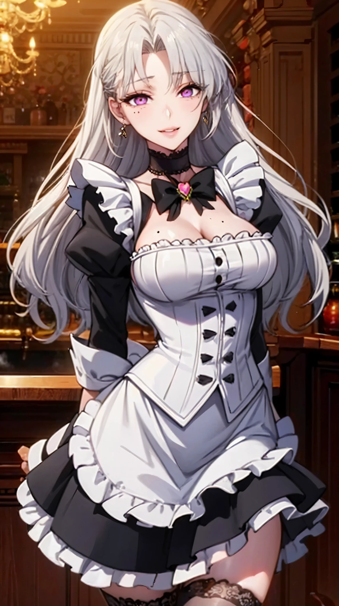 "4k, masterpiece, best quality, (detailed face and eyes_1.4), (Irisviel Von Einzbern), (Fate/Zero), detailed skin, cowboy shot, detailed, 1girl, 27 years old, mature body, big breasts, solo, black hair, purple eyes with heart-shaped pupils, long hair, loose hair, mole under left eye, hair covering right eye, small smile, steam coming out of mouth, parted lips, highly detailed and elaborate maid outfit, black and white dress, lace trim, frills, apron with bow, fitted bodice, puffed sleeves, layered skirt, thigh-high stockings, villain smile, red choker, tempting smile, tempting eyes, black gem earrings, anime style, standing in a modern, softly lit interior, focus on character, blurred background."
