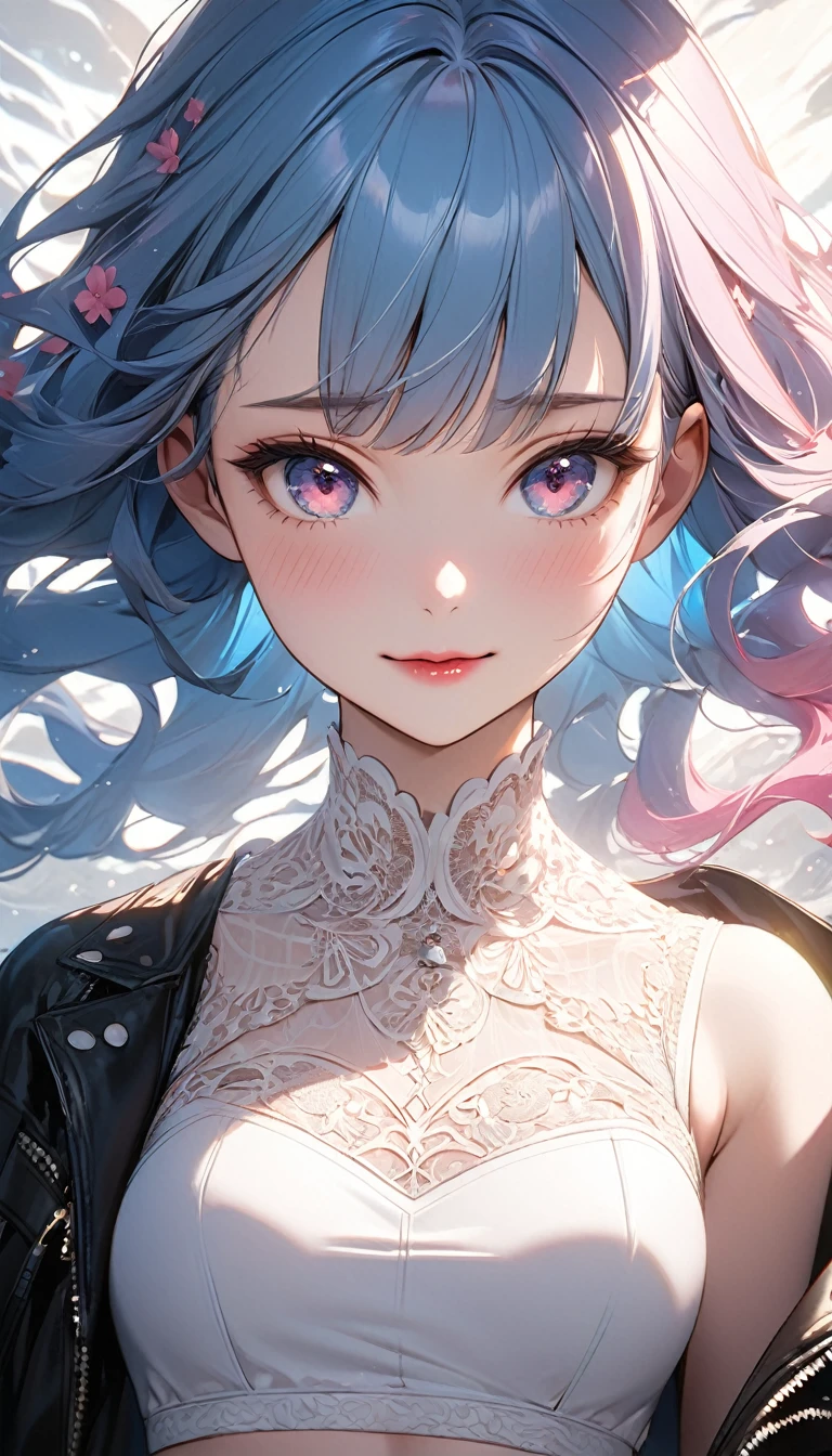 Ultra High Quality:1.7, Masterpiece:1.8, Best Aesthetic, 8K Resolution, Hyper Detailed, Photorealistic Textures, Anime Style:1.8, Highly Expressive, High Contrast, Cinematic Lighting, Ultra Realistic Shadows, Complex Background,

Foreground Character: A girl with long, flowing blue hair:1.8, shimmering and slightly wavy, vibrant and glossy, radiant under soft ambient lighting, captivating pink eyes:1.9, large and expressive, delicate facial features, flawless porcelain skin:1.6, slightly blushing cheeks, plump and glossy pink lips:1.7, subtle natural makeup, V-shaped jawline, wearing a stylish, fitted outfit:1.7, perhaps a form-fitting black leather jacket:1.5, unzipped to reveal a tight white crop top:1.8, exposing her toned midriff, paired with high-waisted shorts:1.7, intricate detailing on the fabric, slightly reflective, emphasizing her slender yet curvy figure, elegant posture, standing confidently, her right hand holding a photo:1.8, the photo is close to the right side of her head, perfectly aligned, her expression is one of intrigue and curiosity,

Photo (Second Character): In the photo, the girl has long, flowing pink hair:1.9, silky and voluminous, cascading down in soft waves, contrasting with her deep blue eyes:1.9, large and striking, almost ethereal, delicate facial features, soft blush on her cheeks, glossy red lips:1.7, full and slightly parted, subtly smiling, wearing a delicate, lacy white top:1.7, almost see-through, with intricate floral patterns, matching with her personality, light shadows accentuating her curves, the photo is slightly angled, creating a dynamic contrast between the two characters, the alignment is almost perfect, blending the right side of her face seamlessly with the blue-haired girl’s face, creating a captivating visual effect, as if they are two halves of one being, blending and contrasting at the same time.

Background: The scene is set in a modern, stylish apartment:1.8, soft ambient lighting, with warm tones, slightly b
