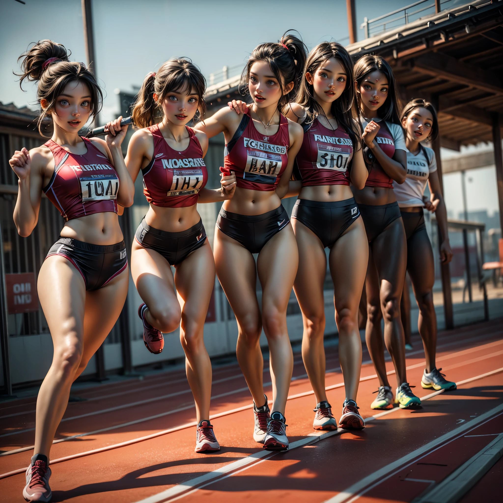 ExtremelyDetailed (((Sprint Relay Team Girls in a row:1.4))), Childish perfect face, Reflective Eyes, Detailed(Delicate Clothing textures), Corrected Leg to Foot Line, Corrected Perfect Hand, Dynamic Joyful Expressions LifeLike Rendering, ((Specular Reflection:1.28)), TopQuality 8K Ultra-detailed masterpiece (ProfessionalPhoto:1.37)(Acutance:0.8),(Luminism:1.22), ((Exposed Navel))