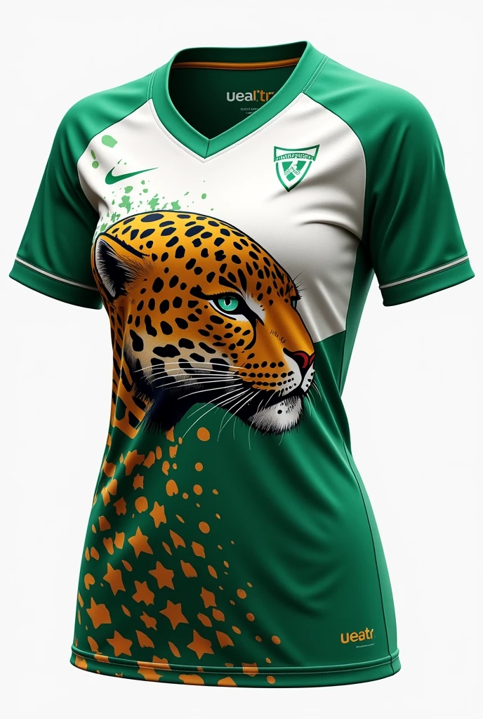 Women&#39;s futsal athletic uniform, men&#39;s and women&#39;s volleyball in moss green and white colors, with orange jaguar spots running down the chest to half of the shirt and a jaguar in a single color in the same shade blending in with the shirt with its mouth open in the lower left side of the shirt 