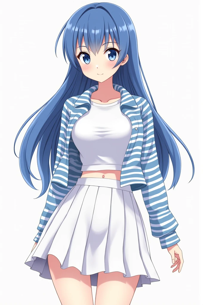 make me an anime girl, do her with long blue hair, with a white and blue striped jacket, white skirt, with big breasts and small stature