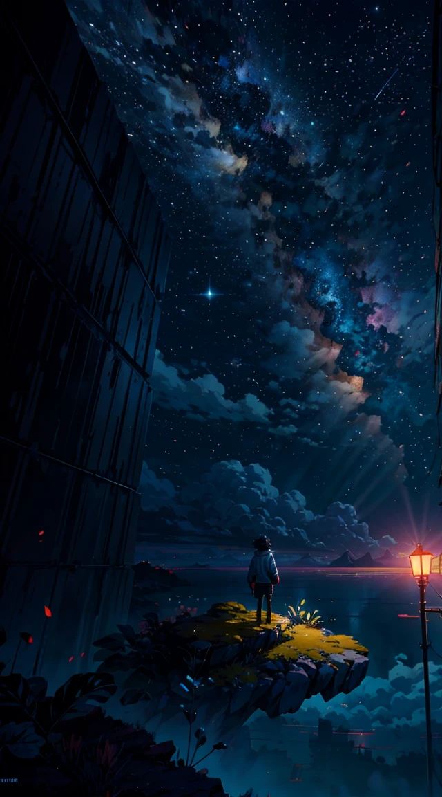 Anime man standing on a rock looking at a sky full of stars, medium length blue curly hair, blue jacket, and headphones around his neck Makoto Shinkai Cirilo Rolando, 4k anime wallpaper, 4k anime wallpaper, animated art, cosmic skies. by Makoto Shinkai, inspired by Cyril Rolando, No art in the style of Dan Mumford, stunning paper wallpaper, by Yuumei
