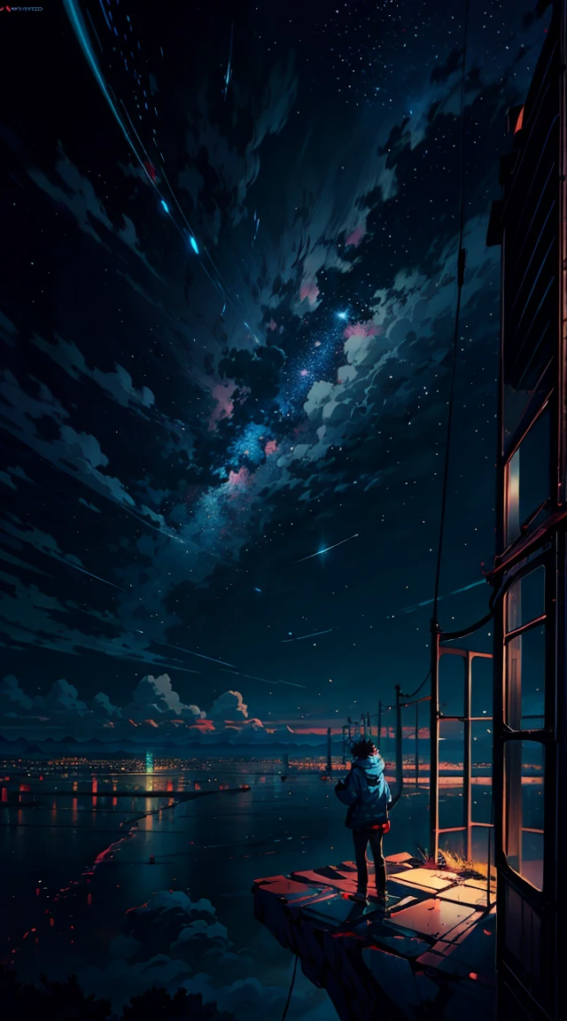 Anime man standing on a rock looking at a sky full of stars, medium length blue curly hair, blue jacket, and headphones around his neck Makoto Shinkai Cirilo Rolando, 4k anime wallpaper, 4k anime wallpaper, animated art, cosmic skies. by Makoto Shinkai, inspired by Cyril Rolando, No art in the style of Dan Mumford, stunning paper wallpaper, by Yuumei