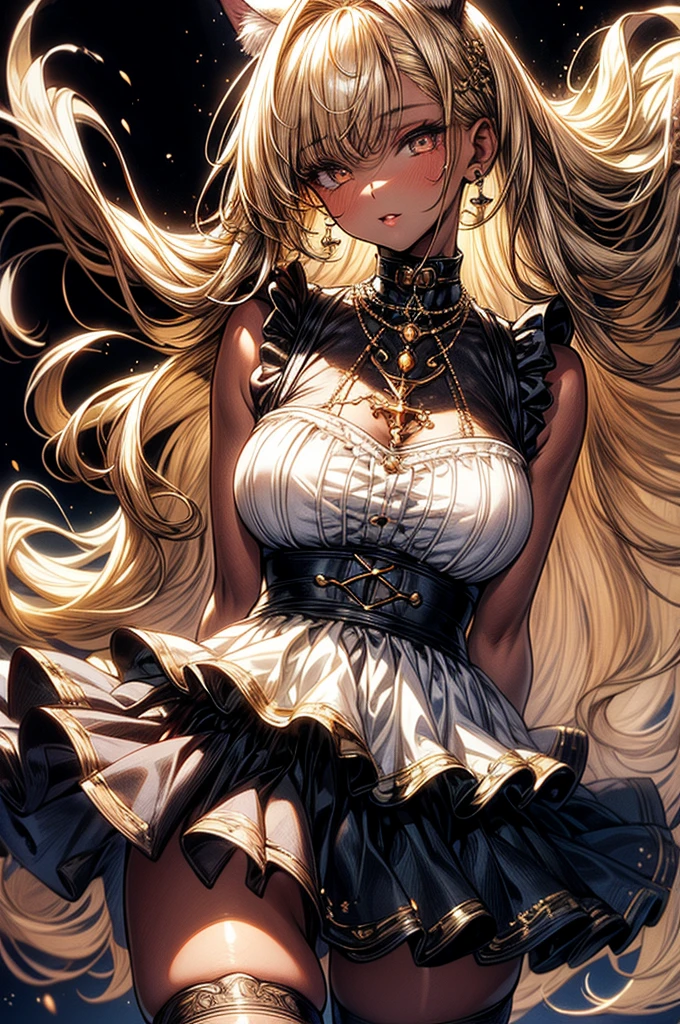 ((highest quality)),(ultra high resolution),(Super detailed),(detailed description),((best CG)),(best work of art),super precision art, great drawing art,(Art with precise details:1.5), (1 woman:1.5), beautiful and well-shaped face:1.5,(Beautiful skin with precise and detailed depiction:1.6),(Very precisely depicted French Maid outfit),provocative angle:1.6,gorgeous, masterpiece, best quality, high-resolution, finely detailed, extremely detailed and beautiful, distinct-image, 1 girl, solo, White French Maid Uniform, beautiful young teenage girl, , pearly white skin, Blonde braided ponytail hair, adorable and cute facial features, golden-brown colored eyes, Black sheer stockings plump thick lips, tiny breasts, slender and slim toned body type, tall height(180cm), small narrow waist, wide curvy hips, plump large round ass, full body picture, cat-ears, cat tail