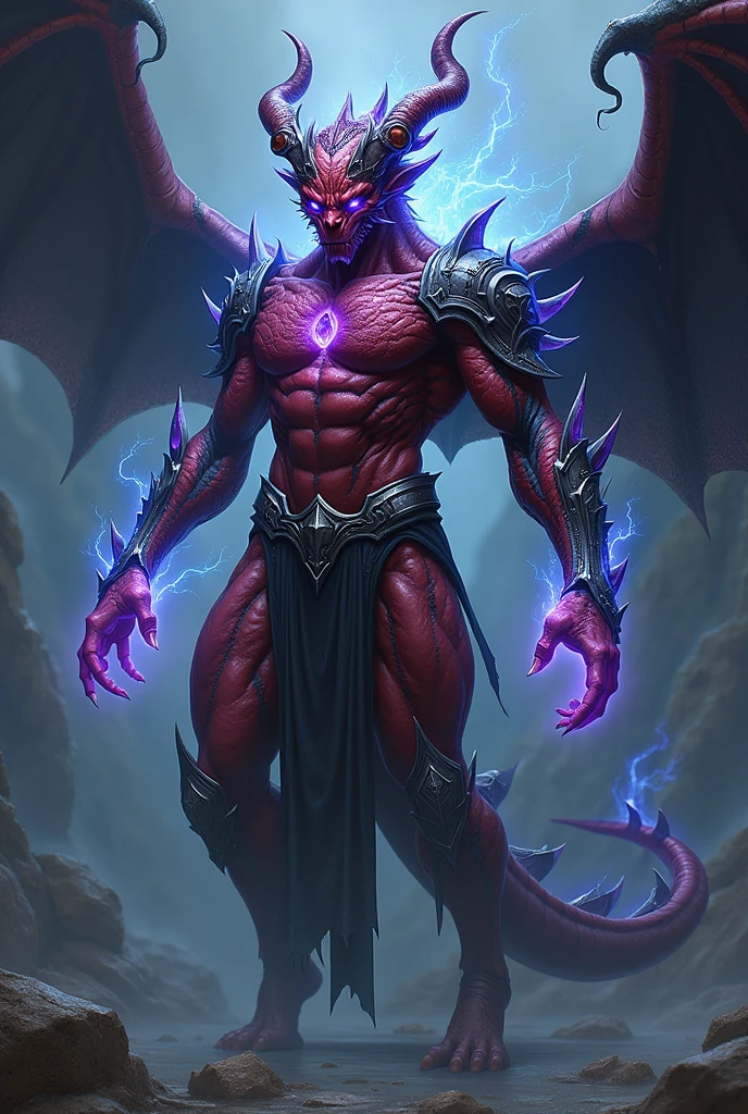 In avatar form, Kairon transforms into a majestic and imposing humanoid being, maintaining their Tiefling characteristics, but amplified by the essence of dragons. Your skin turns red, with black veins that snake through the body like marks of ancient power. Parts of your body, like the forearms, chest and legs, are reinforced with silver plates that resemble draconic scales, reflecting a cold, supernatural light. Around your head, amethyst stones float, forming an ethereal crown that pulsates with gravitational energy. Your eyes glow with an electric intensity, as streams of blue energy run along his horns and arms, cracking in the air. In the shadows that surround him, there is a subtle and disturbing movement, a presence that echoes the darkness of the Umbral Dragon. In this form, Kairon is the embodiment of the power of dragons, combining majesty and strength in an imposing humanoid being.