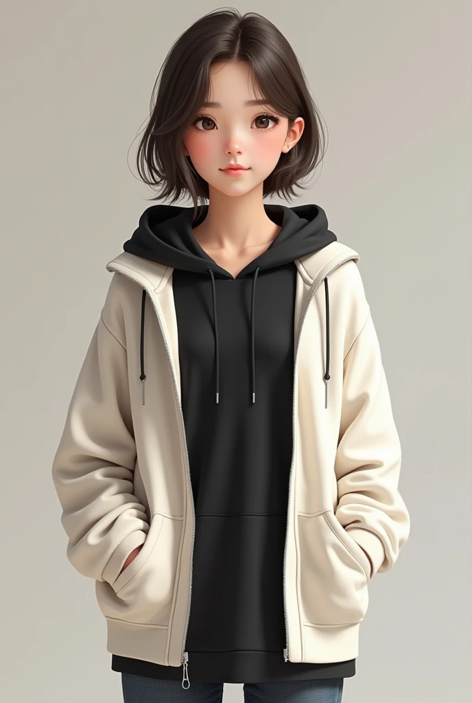 A girl with a white sweater, a black t-shirt and a black sweatshirt 
