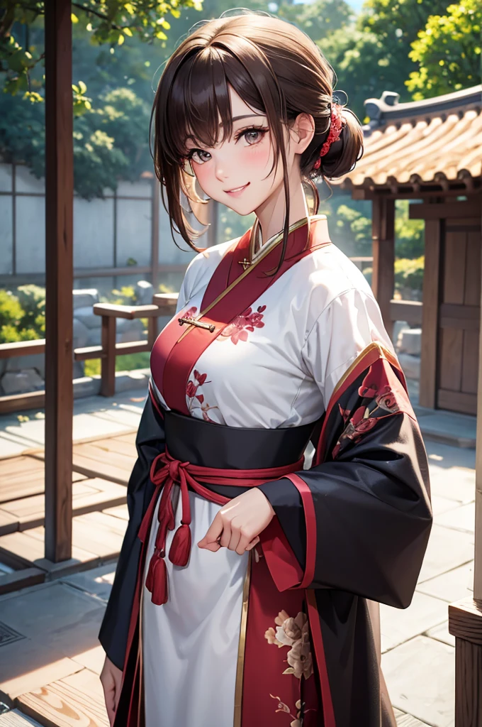 Best Quality,High resolution,8k,finelity detailed background,Masterpiece:1.2),beautiful girl,Shiny brown hair,pony tail,Brown eyes,Gentle look,A refreshing look,smile,Best quality,Best Quality,Aesthetic and aesthetic:1.2,Best details((Super detailed))(High-definition CG illustrations),Chinese clothing,Slender body,Japanese garden,smile,blush,cute,Scrounge,Looking up,Being spoiled,super model