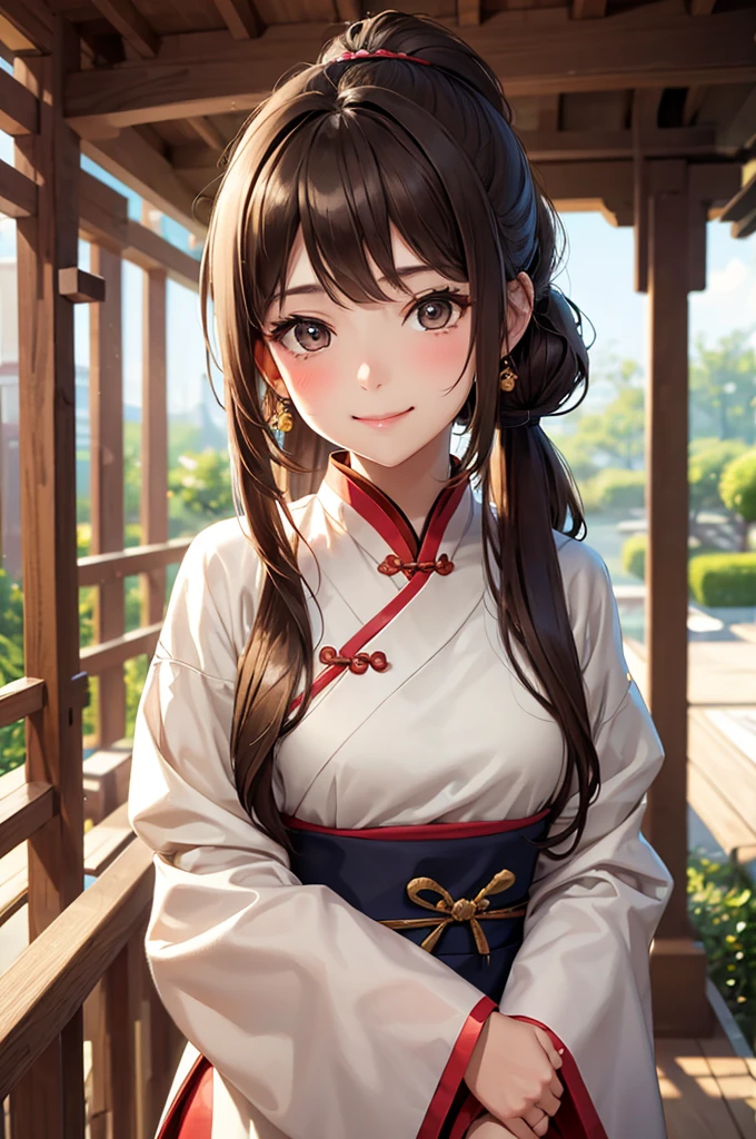 Best Quality,High resolution,8k,finelity detailed background,Masterpiece:1.2),beautiful girl,Shiny brown hair,pony tail,Brown eyes,Gentle look,A refreshing look,smile,Best quality,Best Quality,Aesthetic and aesthetic:1.2,Best details((Super detailed))(High-definition CG illustrations),Chinese clothing,Slender body,Japanese garden,smile,blush,cute,Scrounge,Looking up,Being spoiled,super model