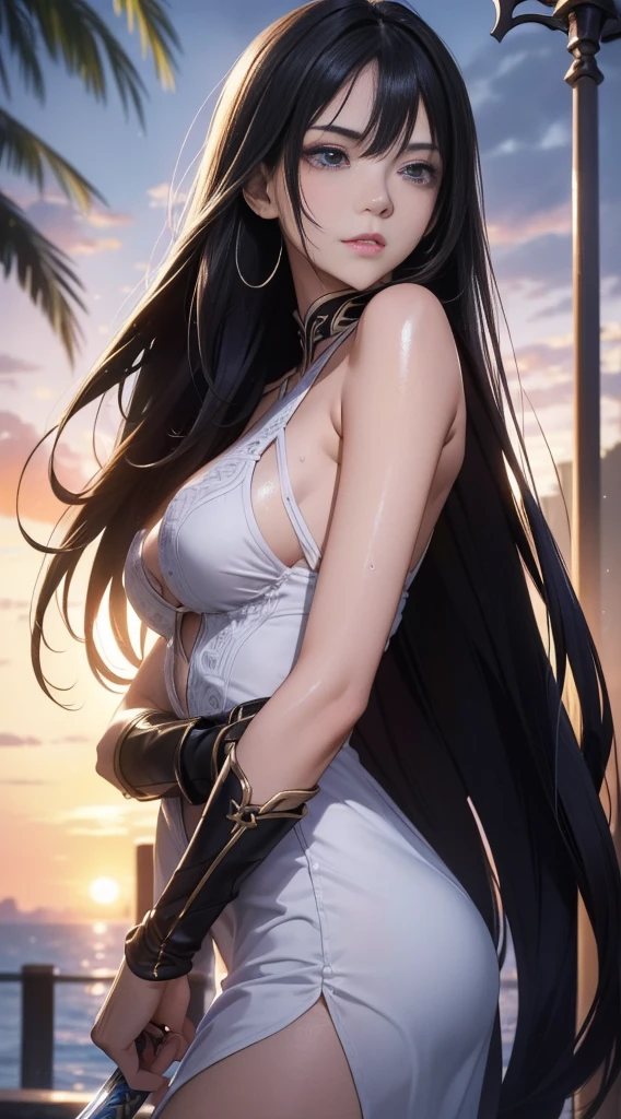 (best quality: 1.2), clean face, (masterpiece: 1.2, 8k) perfect anatomy, 1girl,a beautiful fashion model ,(masterpiece, official art, best quality ,long and shiny hair,, ,Bigchest, From the front side, Wet straight hair, Sweating profusely,best qualtiy,cinmatic lighting,detailed back ground,beatiful detailed eyes,Bright pupils,(Very fine and beautiful),,ultra - detailed,facing at camera,A high resolution,ultra - detailed),Very long hair,Combat posture,Sword in one hand