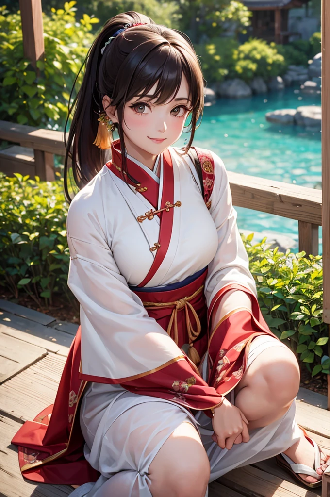 Best Quality,High resolution,8k,finelity detailed background,Masterpiece:1.2),beautiful girl,Shiny brown hair,pony tail,Brown eyes,Gentle look,A refreshing look,smile,Best quality,Best Quality,Aesthetic and aesthetic:1.2,Best details((Super detailed))(High-definition CG illustrations),Chinese clothing,Slender body,Japanese garden,smile,blush,cute,Scrounge,Looking up,Being spoiled,super model