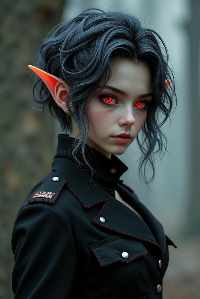 She is a 22 year old girl with elf ears, one small fangs, blood-colored eyes and pupils similar to those of wolves, hair black as night,but with silver locks, short to the neck and wavy. a plain military suit with nothing. Medals or buttons, only in black, a cold personality, He is a student at the military academy "war and dragons" from the land of the elves