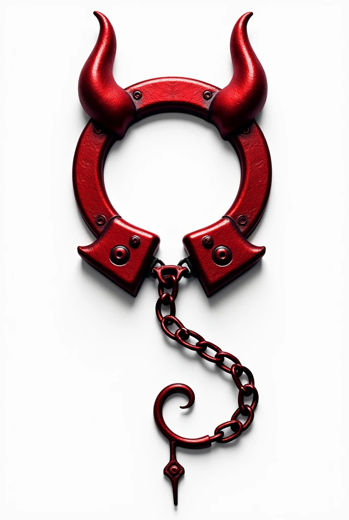 (logo design) sexy evil logo, a sexual striking red handcuff, adorned with demon horns and a sinuous chain tail extending from the base, dynamic and bold, emphasizing a dark theme, glossy finish, high-resolution, creating an impression of sexuality and power. White background. 