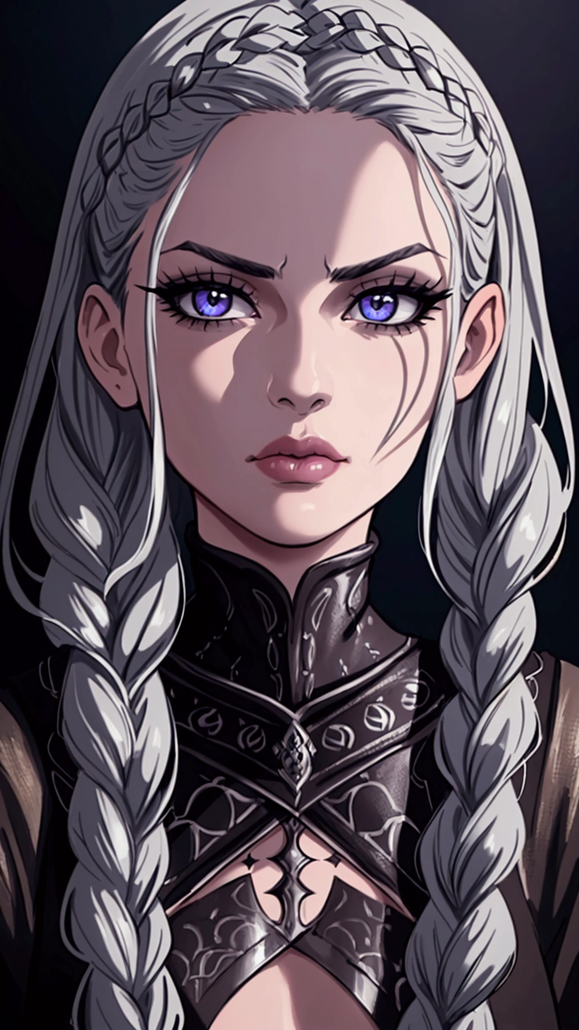 a 22 year old girl with silver braided hair, intimidating expression, dark fantasy, detailed face, beautiful detailed eyes, long eyelashes, beautiful detailed lips, high quality, intricate details, cinematic lighting, dramatic colors, photorealistic, fantasy art, digital painting, concept art, 8k, hyperrealistic, hyper detailed
