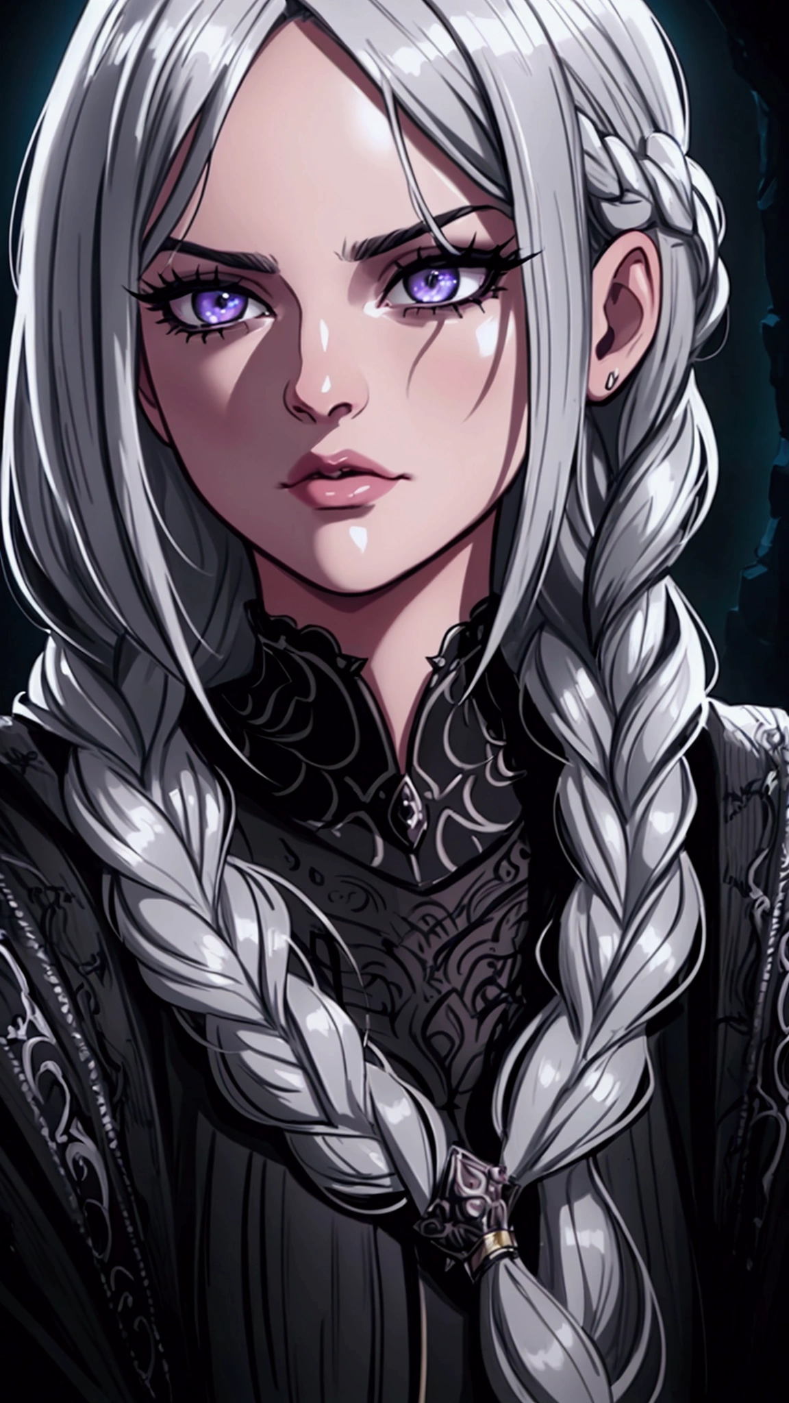 a 22 year old girl with silver braided hair, intimidating expression, dark fantasy, detailed face, beautiful detailed eyes, long eyelashes, beautiful detailed lips, high quality, intricate details, cinematic lighting, dramatic colors, photorealistic, fantasy art, digital painting, concept art, 8k, hyperrealistic, hyper detailed