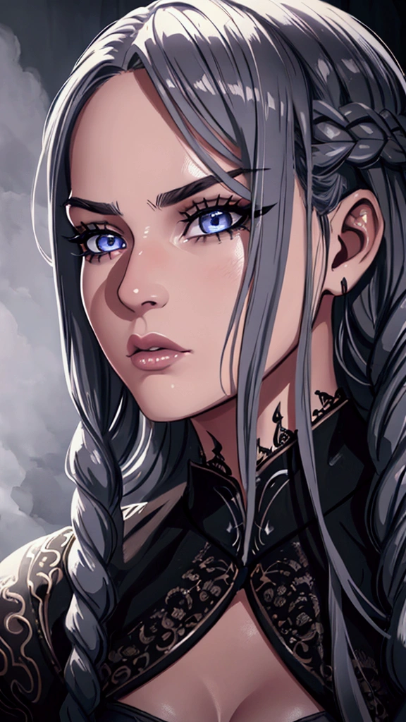 a 22 year old girl with silver braided hair, intimidating expression, dark fantasy, detailed face, beautiful detailed eyes, long eyelashes, beautiful detailed lips, high quality, intricate details, cinematic lighting, dramatic colors, photorealistic, fantasy art, digital painting, concept art, 8k, hyperrealistic, hyper detailed