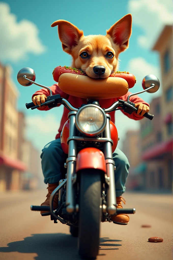 A dog eats a hotdog on a motorcycle