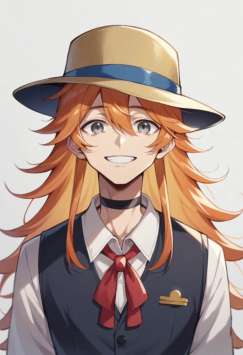 1boy, orange hair,nakahara chuuya,long hair,hat, grey eyes, choker, deep eyes,vest, red glow, looking at viewer, smile, fedora,, (masterpiece), (best quality:1), dynamic angle, enamorado de una chica llamada Ariadna de cabello negro corto y su peiando sea del ozamu dazai