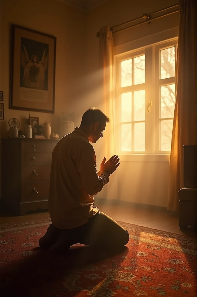 Ordinary man praying on his knees in his room and the angels illuminated by his side