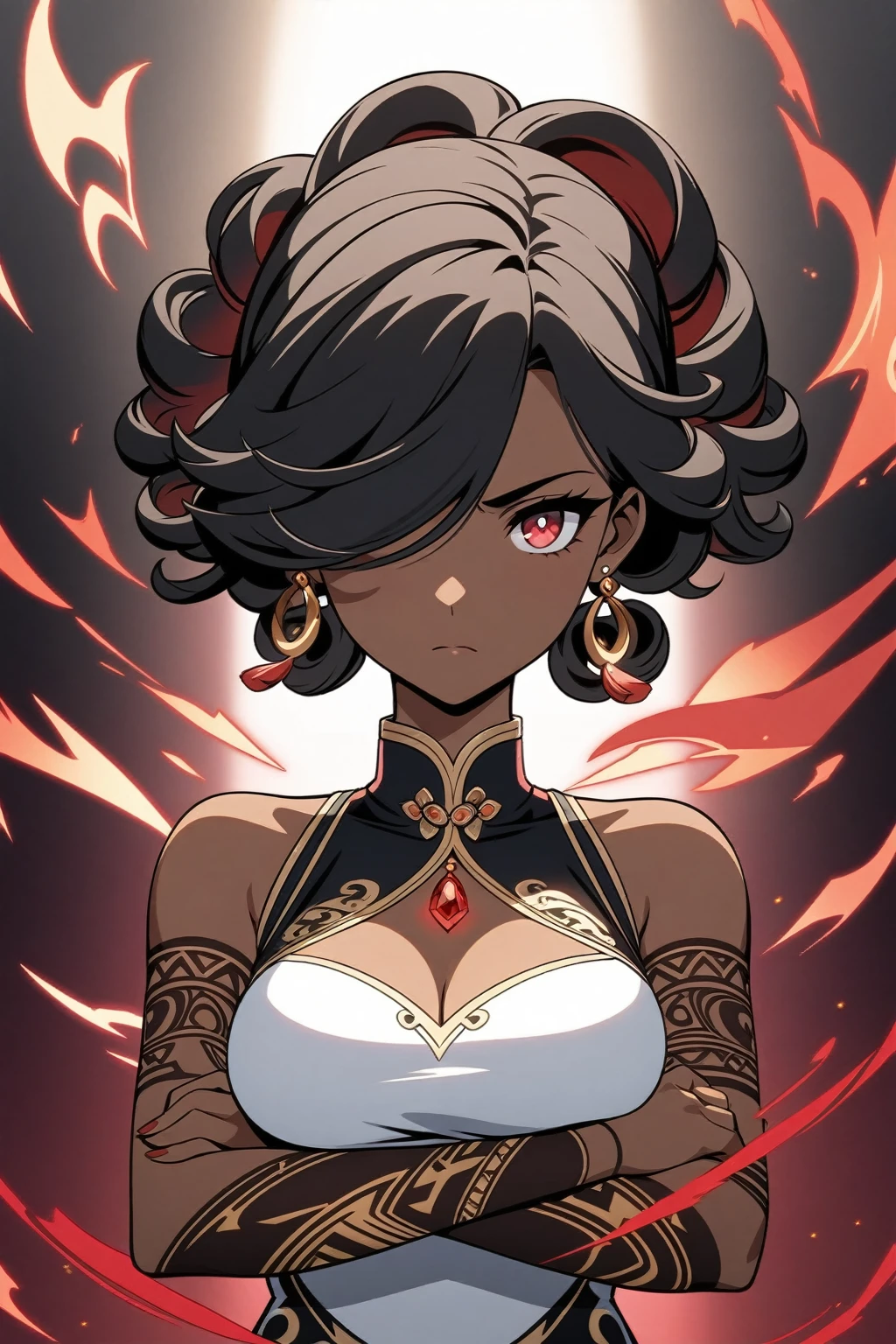 Genshin Impact art style, (dark-skinned older woman: 1.4), portrait, (curvaceous body: 1.3), medium breasts, (short curly puffy hairstyle: 1.2), (hair covering one eye: 1.2), (black hair: 1.1), glowing dark red eyes, large scar across face, (ruby and gold jewelry and earrings: 1.2), black tribal tattoo sleeve on arms, calm and serious expression, (dark red and silver sleeveless qipao: 1.3), cleavage cutout, crossed arms, dynamic powerful pose, red aura, dark gradient background, 1girl, solo
