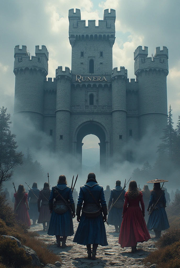 medieval castle that says "Runera", below Runera in slightly smaller letters that says "The Ancient Insurrection" with a group of Warriors in dark blue suits, wizards, sorceresses, Archers and Druids in Alliance Formation