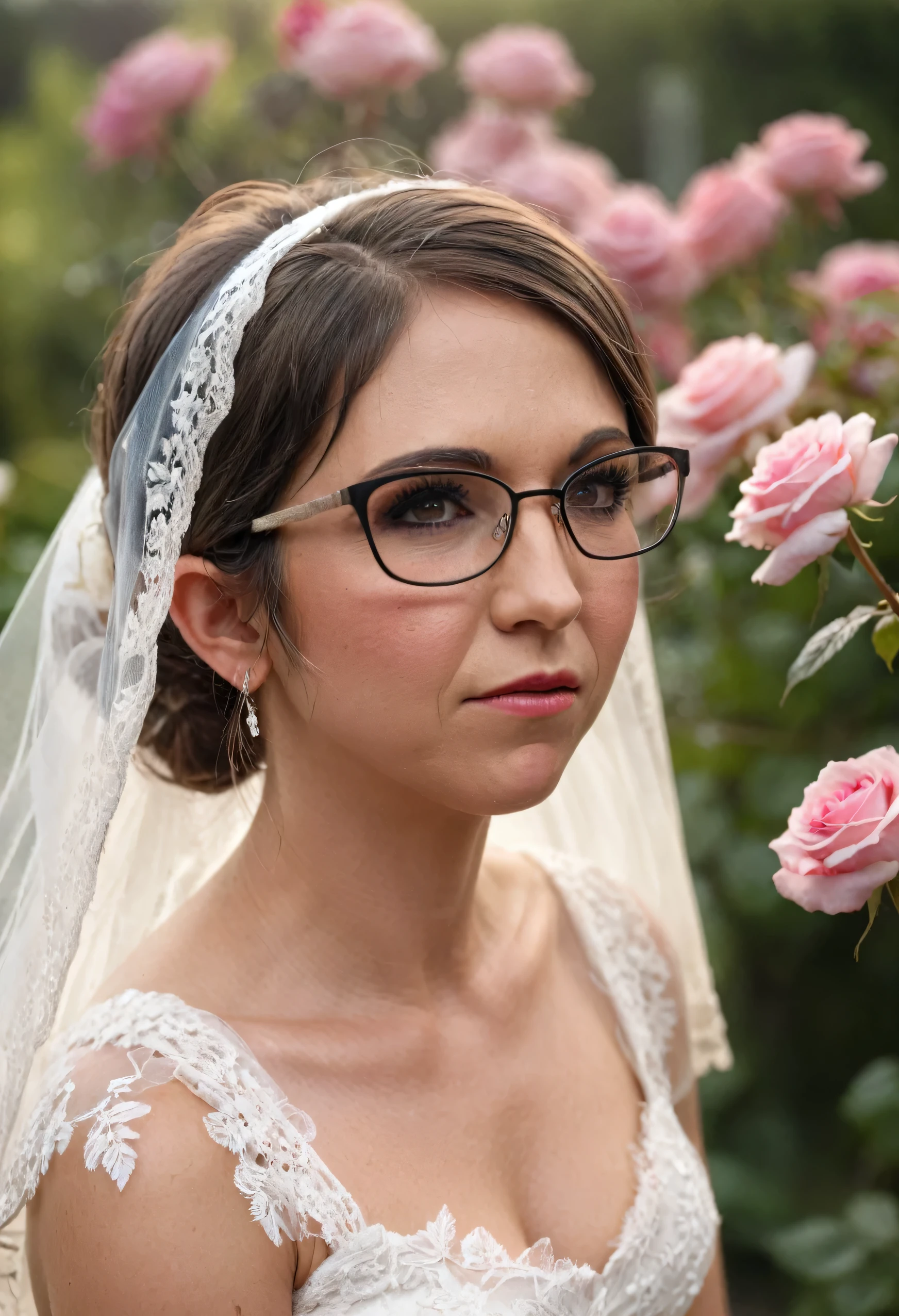 Realistic, Lauren Boebert, (bust shot with midriff), glasses, 35 year old woman, wrinkles under eyes, lace wedding dress, wedding veil, sitting in a garden full of pink flowers, pigtails, roses, close up,bokeh,f1.4,40mm,photorealistic,raw,8k,skin pores,dried-up,textured skin,intricate details,dramatic light,award winning,style by Dan Winters,RAW photography,film grain,(indistinguishable from reality:1.4),photo taken with a Bolex H16,captivating eyes,charming,striking features,character,thorough,