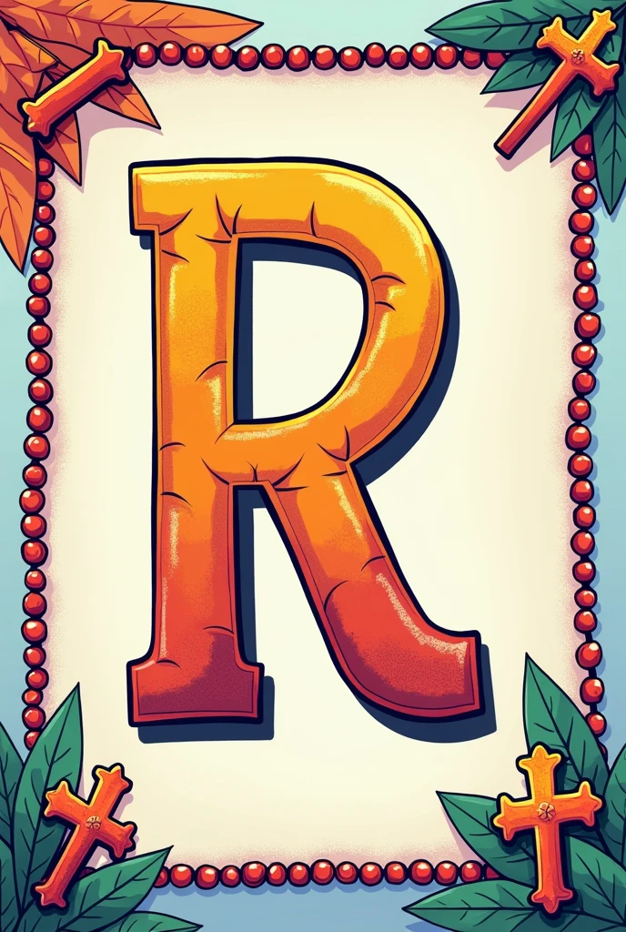 The letter R but with a Rosary background but only on the edges ,I want bright colors and adapted for  students, I&#39;m a teacher 