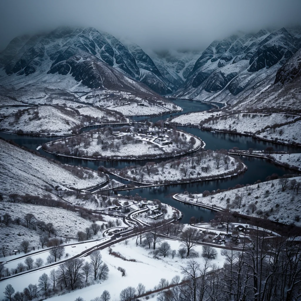 Dark kingdom with rivers of blood in a snowy landscape