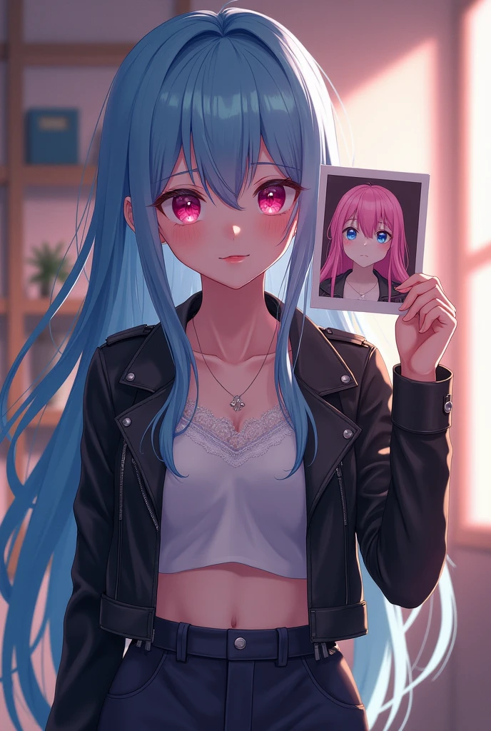 Ultra High Quality, Masterpiece, 8K Resolution, Anime Style, Photorealistic Textures, Highly Expressive, Cinematic Lighting, Complex Background,
Foreground Girl: Long, flowing blue hair, bright pink eyes, delicate face, glossy pink lips, wearing a fitted black leather jacket over a white crop top, high-waisted shorts, holding a photo close to the right side of her head, expression intrigued and curious.
Photo (Second Girl): Long, silky pink hair, deep blue eyes, soft blush, glossy red lips, wearing a lacy white top, perfectly aligned with the first girl's face, creating a seamless visual blend.
Background: Modern apartment, warm ambient lighting, blurred minimalist decor, subtle shadows highlighting the characters' features.