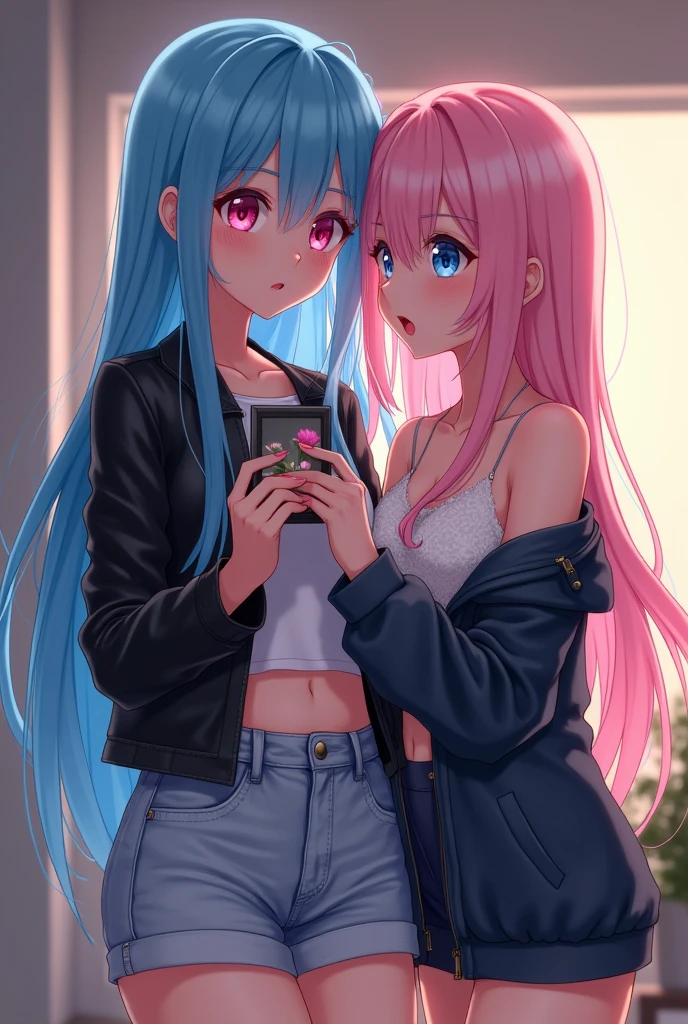 Ultra High Quality, Masterpiece, 8K Resolution, Anime Style, Photorealistic Textures, Highly Expressive, Cinematic Lighting, Complex Background,
Foreground Girl: Long, flowing blue hair, bright pink eyes, delicate face, glossy pink lips, wearing a fitted black leather jacket over a white crop top, high-waisted shorts, holding a photo close to the right side of her head, expression intrigued and curious.
Photo (Second Girl): Long, silky pink hair, deep blue eyes, soft blush, glossy red lips, wearing a lacy white top, perfectly aligned with the first girl's face, creating a seamless visual blend.
Background: Modern apartment, warm ambient lighting, blurred minimalist decor, subtle shadows highlighting the characters' features.