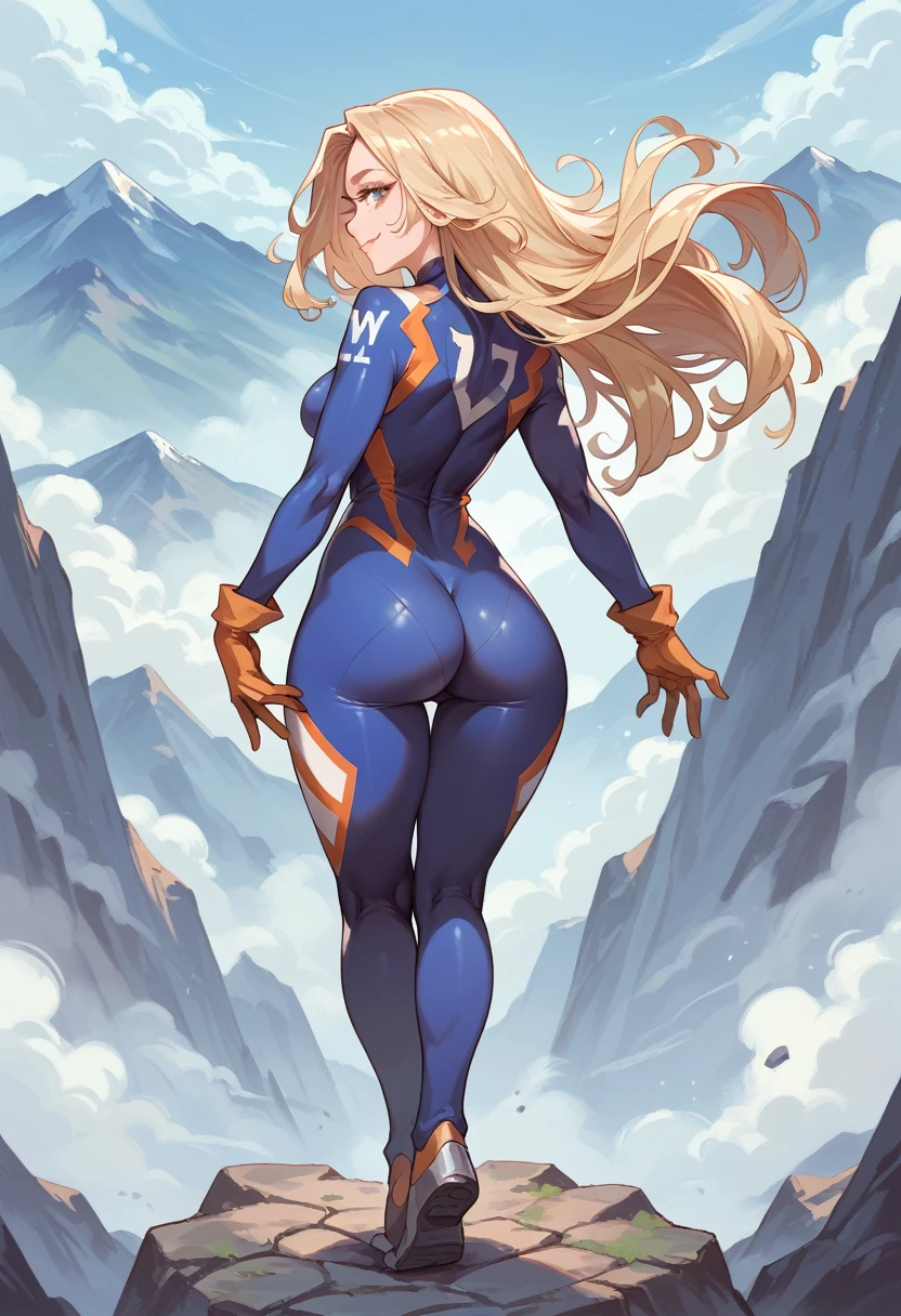 Mountain Lady, eyelashes, blonde hair, long hair, milky skin, soft female, bodysuit, gloves, ,1girl, solo, full body, facing away from viewer, looking at viewer, smile, firm ass, ass slap