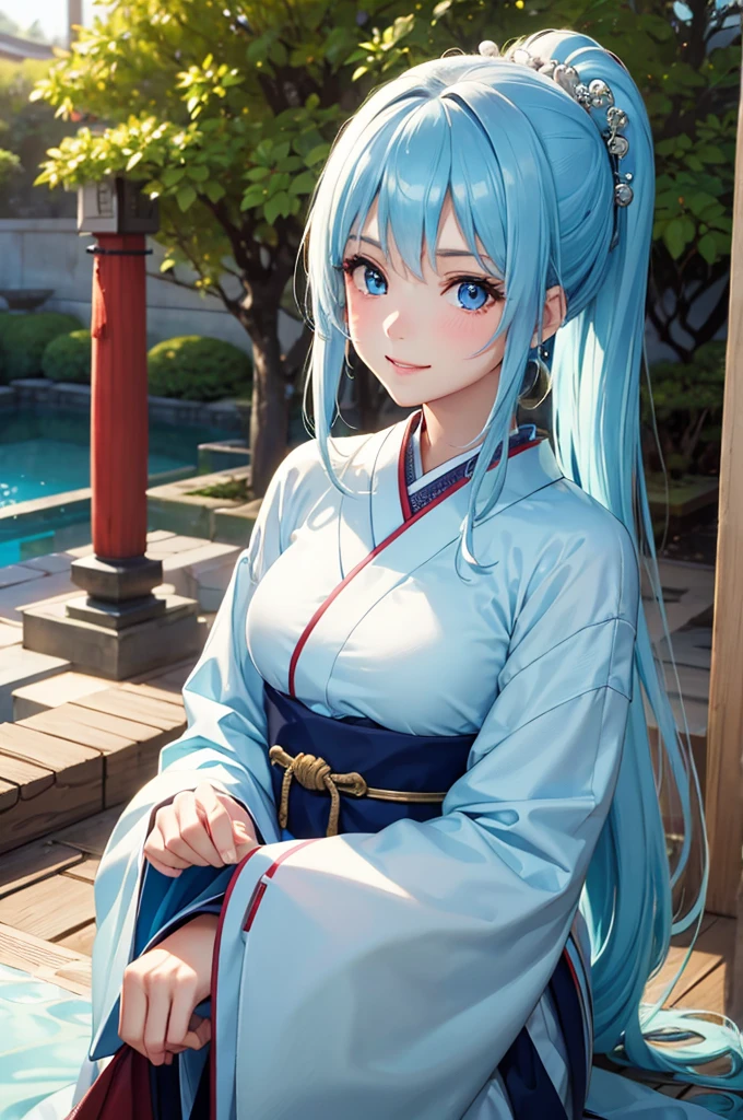 Best Quality,High resolution,8k,finelity detailed background,Masterpiece:1.2),beautiful girl,Shiny light blue hair,pony tail,Light blue eyes,Gentle look,A refreshing look,smile,Best quality,Best Quality,Aesthetic and aesthetic:1.2,Best details((Super detailed))(High-definition CG illustrations),Chinese clothing,Slender body,Japanese garden,smile,blush,cute,Scrounge,Looking up,Being spoiled,super model