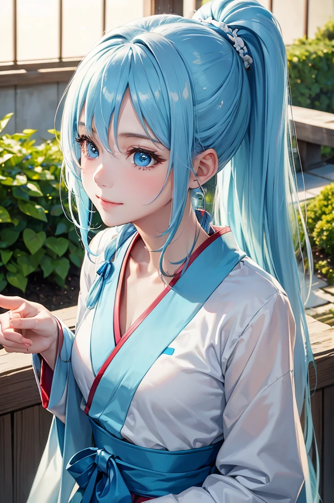 Best Quality,High resolution,8k,finelity detailed background,Masterpiece:1.2),beautiful girl,Shiny light blue hair,pony tail,Light blue eyes,Gentle look,A refreshing look,smile,Best quality,Best Quality,Aesthetic and aesthetic:1.2,Best details((Super detailed))(High-definition CG illustrations),Chinese clothing,Slender body,Japanese garden,smile,blush,cute,Scrounge,Looking up,Being spoiled,super model