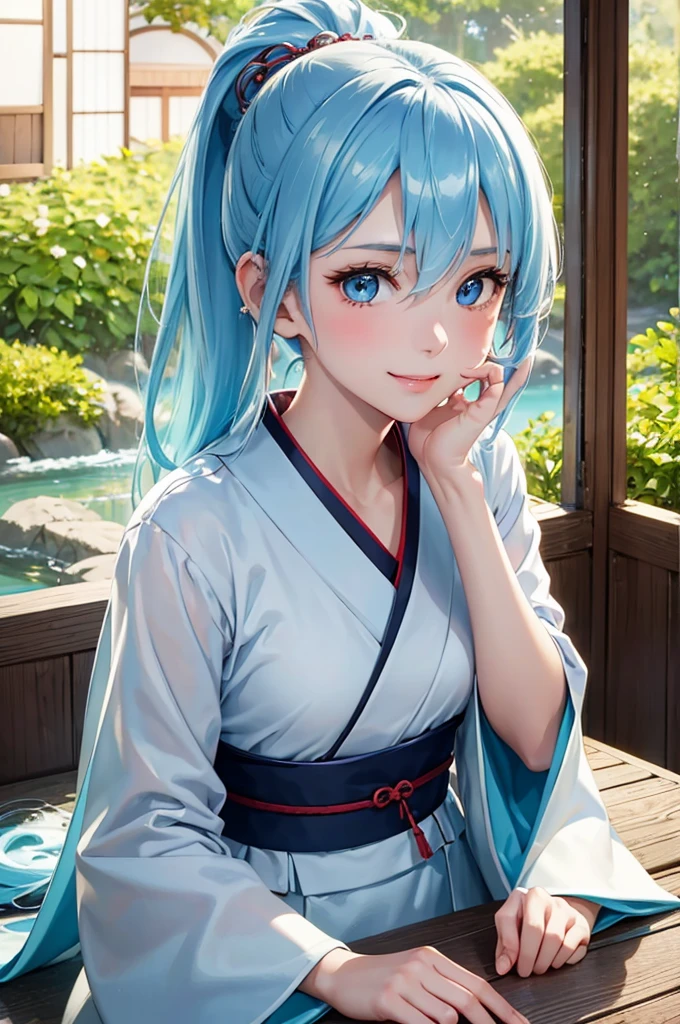 Best Quality,High resolution,8k,finelity detailed background,Masterpiece:1.2),beautiful girl,Shiny light blue hair,pony tail,Light blue eyes,Gentle look,A refreshing look,smile,Best quality,Best Quality,Aesthetic and aesthetic:1.2,Best details((Super detailed))(High-definition CG illustrations),Chinese clothing,Slender body,Japanese garden,smile,blush,cute,Scrounge,Looking up,Being spoiled,super model