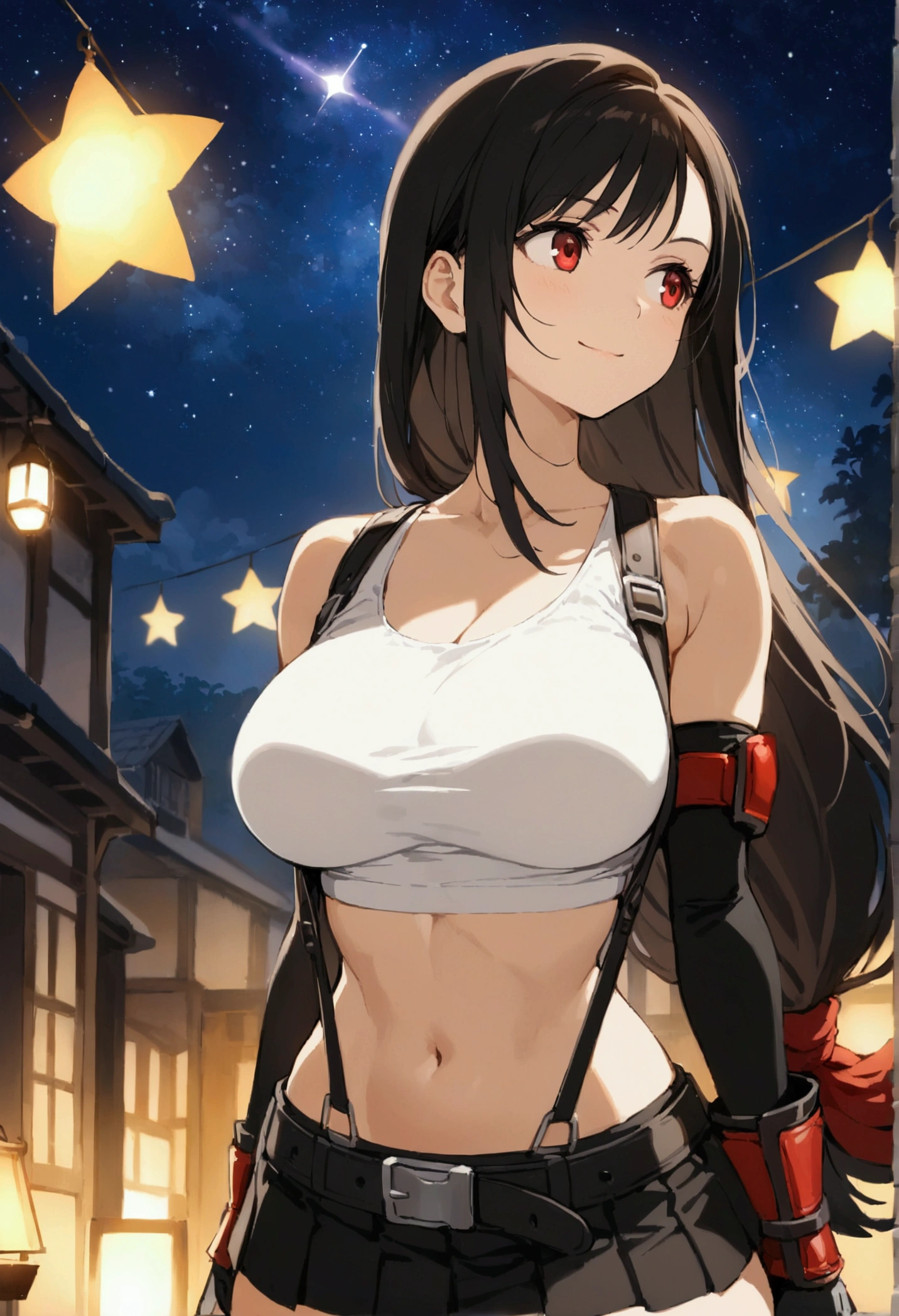 score_9,score_8_up,score_7_up,BREAK source_anime, masterpiece, best quality, (recent), perfect anatomy, very aesthetic,anime style,upperbody,,Solo,1girl, tifa lockhart, final fantasy,black hair, low-tied long hair, red eyes, bangs, (white tank top,gap),(High exposure)，the ribs,belt, pleated skirt, thighhighs, elbow fingerless gloves,  midriff, navel,suspenders.skirt),beautiful waist ,(large_breast:1.3),(from ,looking away),standing,arms in sides,light smile,,,outdoor,star sky,night, skin tight,  depth of field、beautifully lit,great lighting,posing　