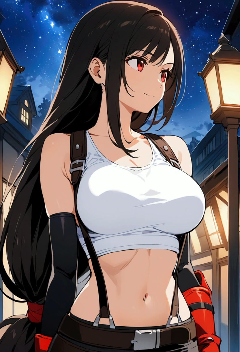 score_9,score_8_up,score_7_up,BREAK source_anime, masterpiece, best quality, (recent), perfect anatomy, very aesthetic,anime style,upperbody,,Solo,1girl, tifa lockhart, final fantasy,black hair, low-tied long hair, red eyes, bangs, (white tank top,gap),(High exposure)，the ribs,belt, pleated skirt, thighhighs, elbow fingerless gloves,  midriff, navel,suspenders.skirt),beautiful waist ,(large_breast:1.3),(from ,looking away),standing,arms in sides,light smile,,,outdoor,star sky,night, skin tight,  depth of field、beautifully lit,great lighting,posing　