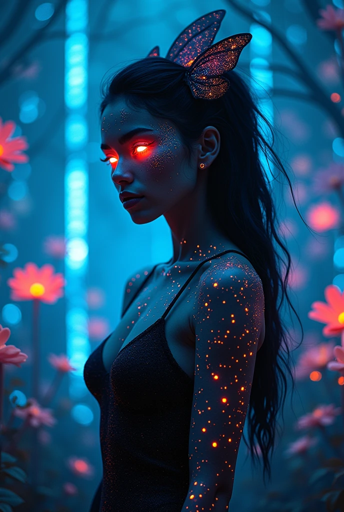 A futuristic, otherworldly woman with luminous, neon black features. Her eyes and hair emit a radiant, dark glow, blending seamlessly with the surrounding environment. The scene is set in an enchanted digital forest, where holographic plants and flowers pulse with a soft, ethereal black light. Her skin is slightly reflective, with shimmering patterns that mimic the constellations. She stands gracefully among the glowing flora, her expression calm and inquisitive, embodying the mystique of a cybernetic fairy in a surreal, neon-lit landscape."

 