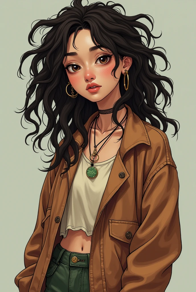 Half Japanese white girl with a skater style, baggy clothes and dreadlocks and dark brown curly hair with light brown eyes and a bit sloppy, half reggae style